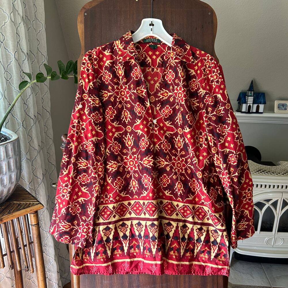 Lauren Ralph Tunic Shirt Large Aztec Moroccan Boho Print Lightweight Cotton